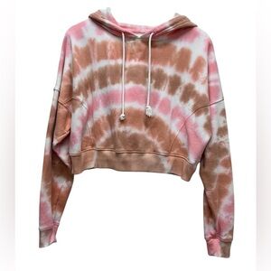 Aeropostale Women’s Tie-Dye Cropped Hoodie Sweatshirt Top- Pink and Brown Sz L